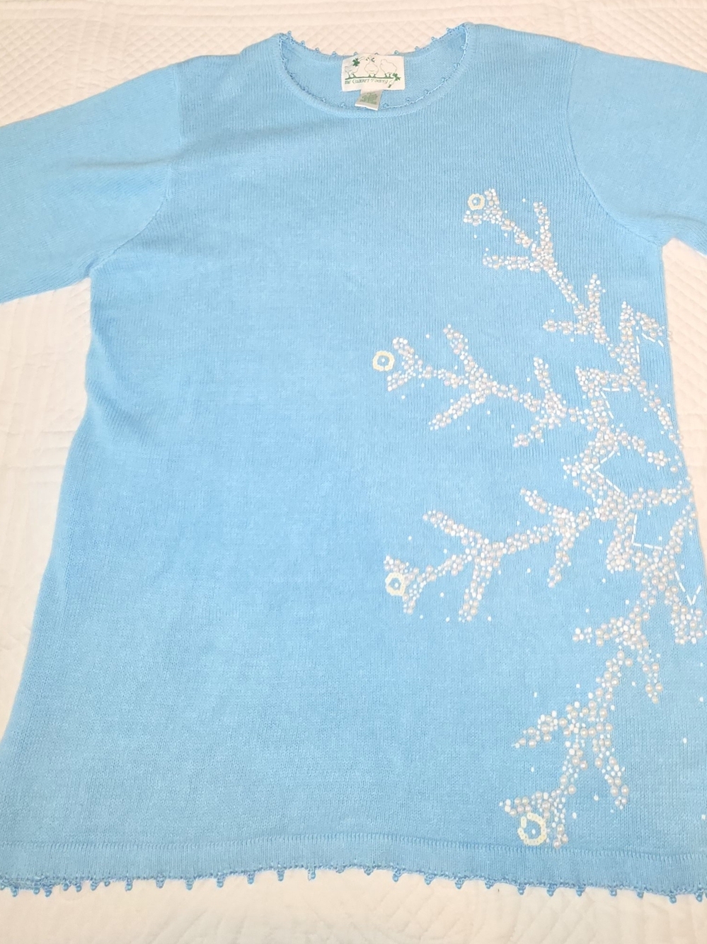 Girls Light Blue Short Sleeve Top with Beaded Snowflake Detail